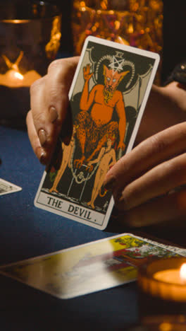 Vertical-Video-Close-Up-Of-Woman-Giving-Tarot-Card-Reading-On-Candlelit-Table-Holding-The-Devil-Card